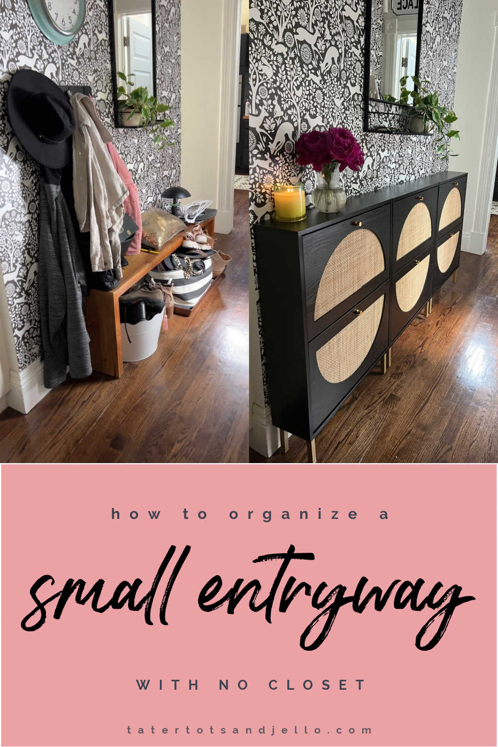How to Organize a No-Closet Entryway. Tired of shoes and coats cluttering up your no closet entryway? Make your cluttered entryway efficient and beautiful in one day.