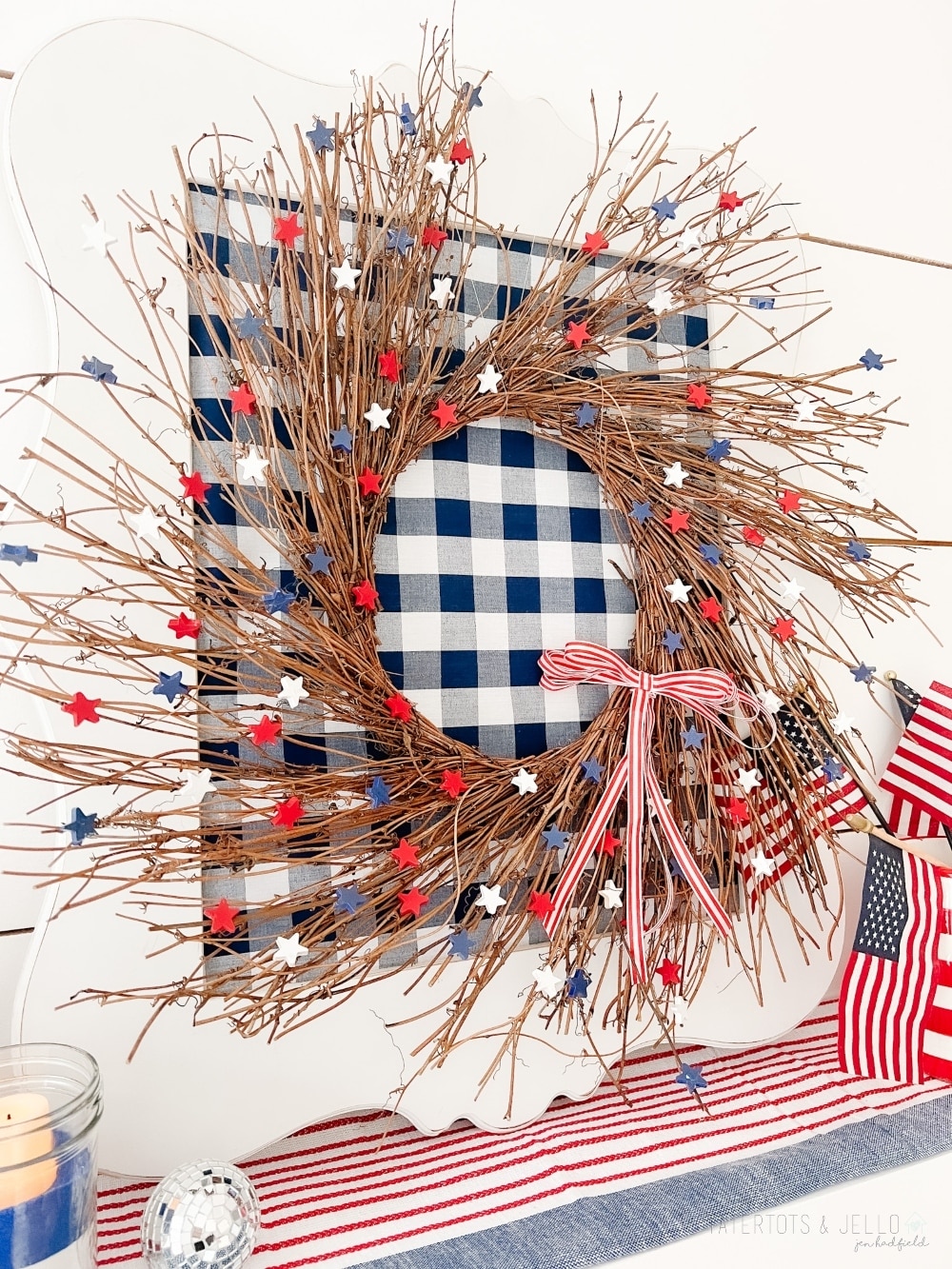 Patriotic Red White and Blue Star Wreath. Celebrate summer with this easy and adorable wreath using wood stars. 