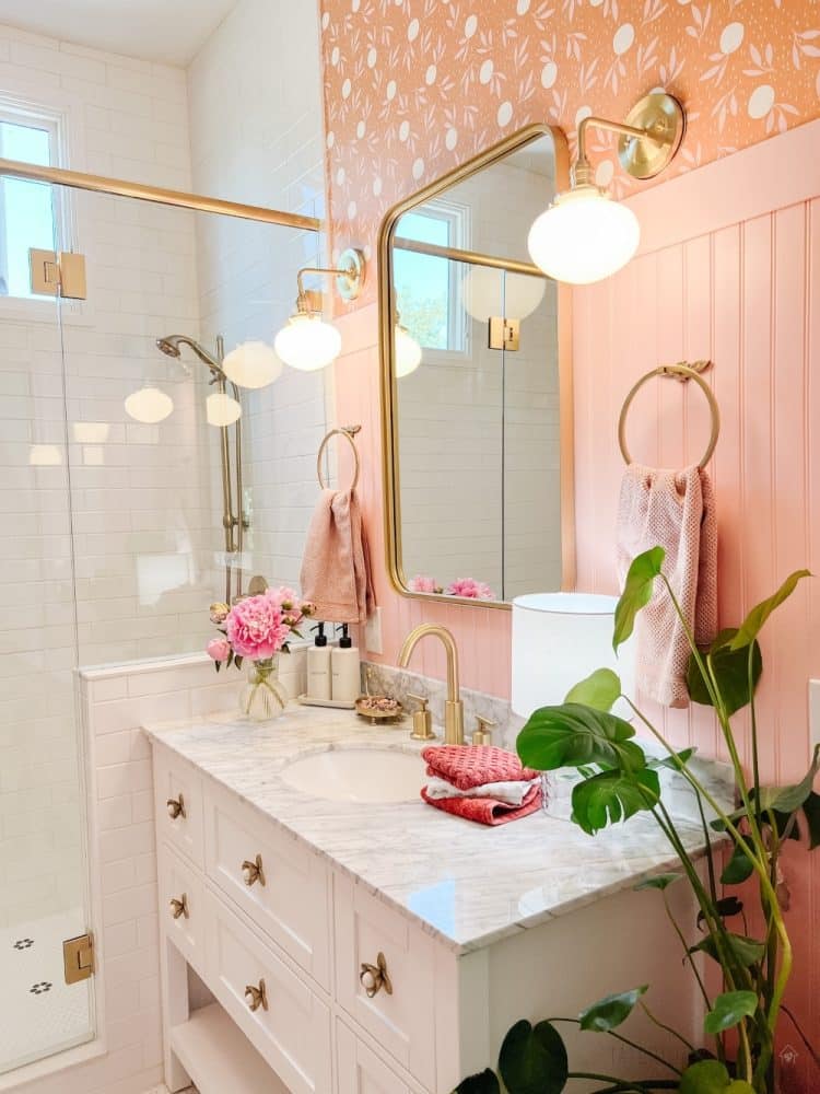 Pink and Gold Kids Bathroom Remodel luxe look on a budget!