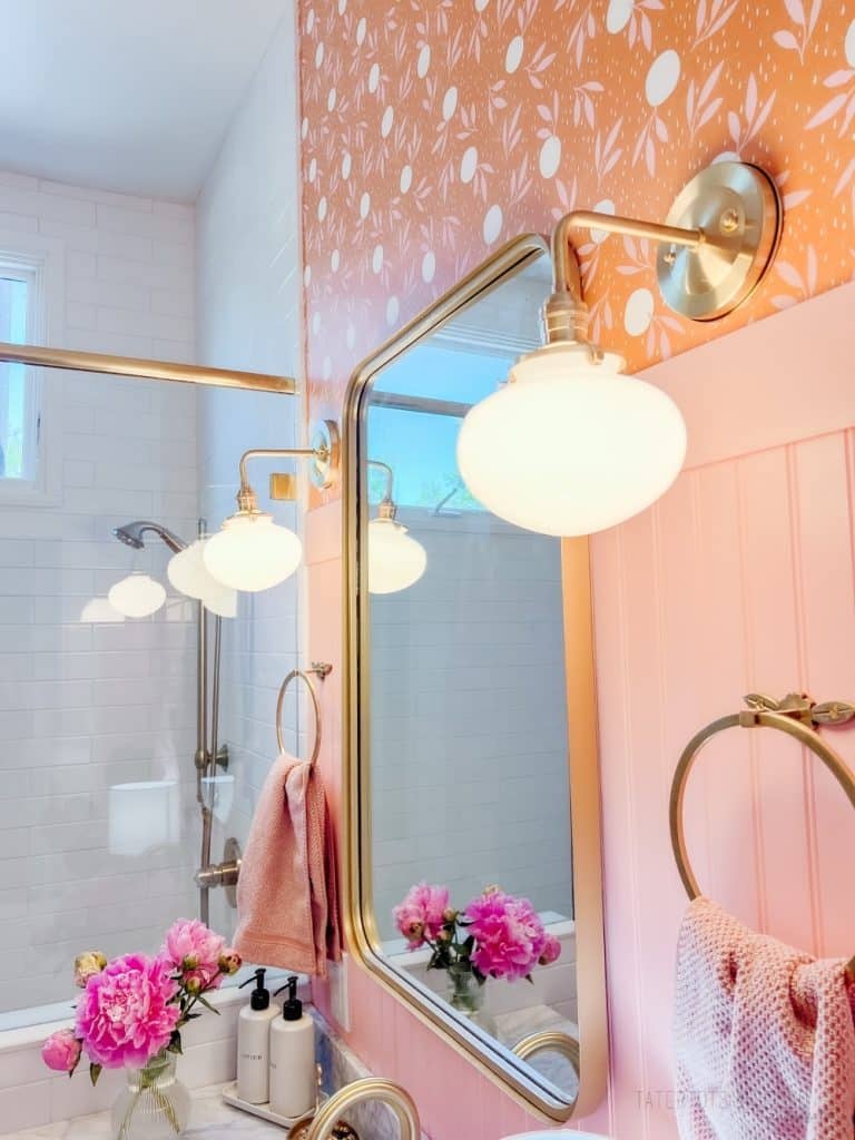 Pink and Gold Kids Bathroom Remodel luxe look on a budget!