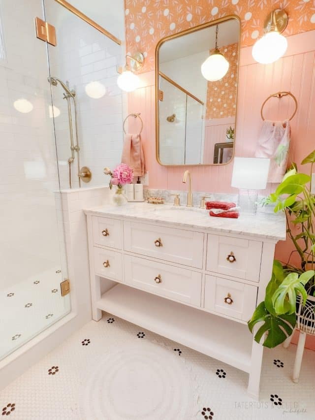 Pink and Gold Kids Bathroom Remodel - luxe look on a budget!