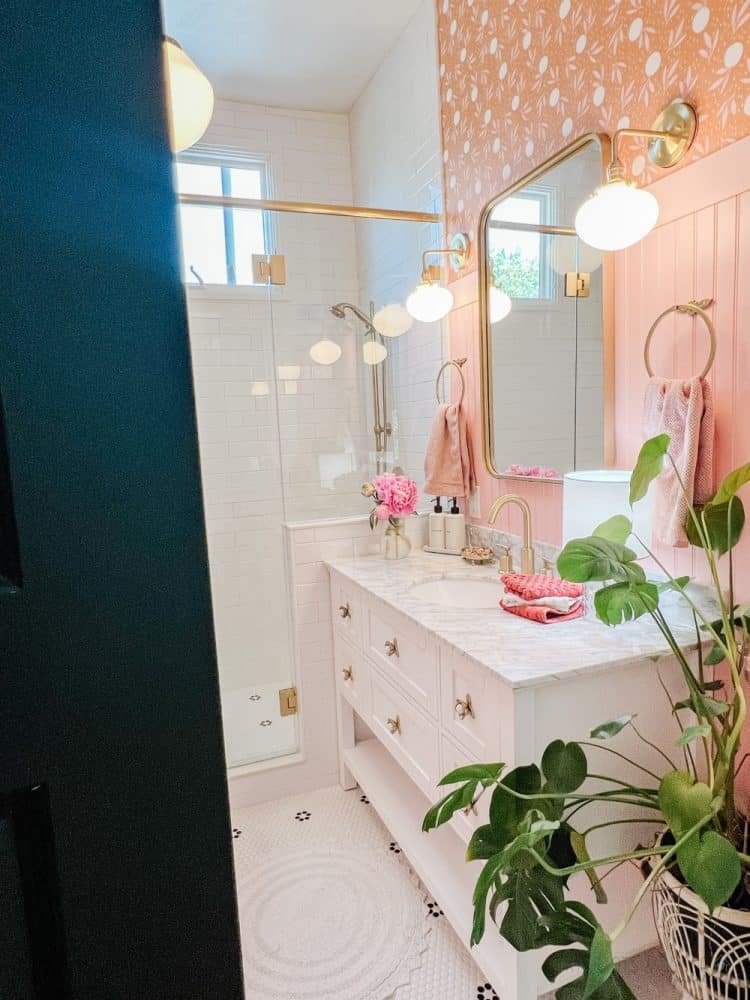 Pink and Gold Kids Bathroom Remodel luxe look on a budget!