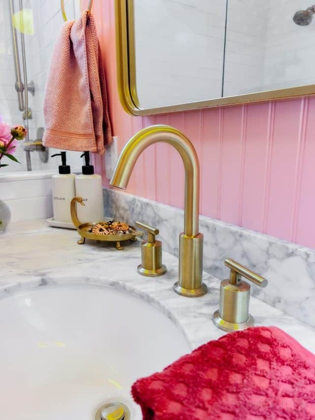 Pink and Gold Kids Bathroom Remodel luxe look on a budget!