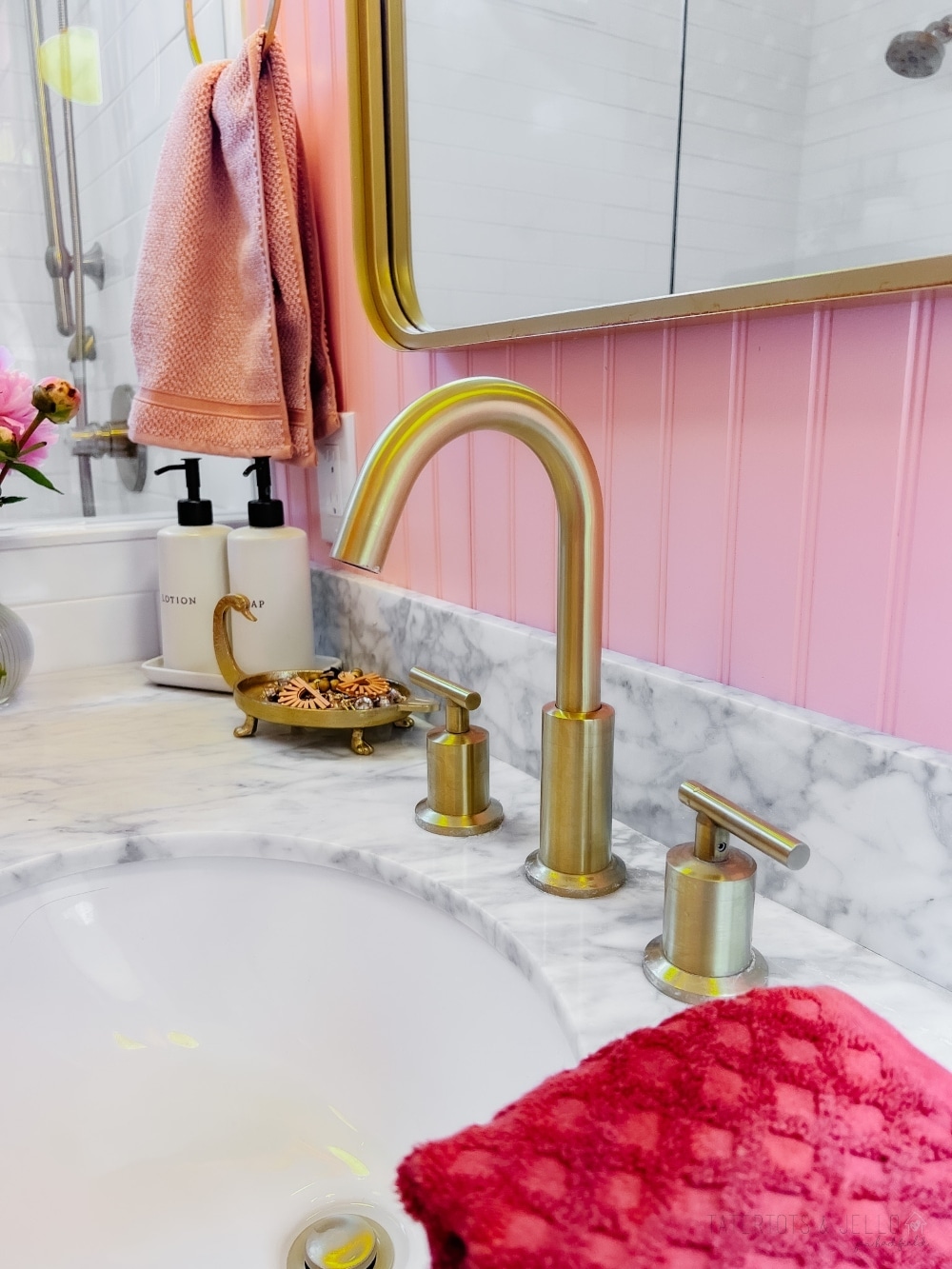 Pink and Gold Kids Bathroom Remodel. Bring a hint to your kids bathroom with these affordable and classic ideas. 