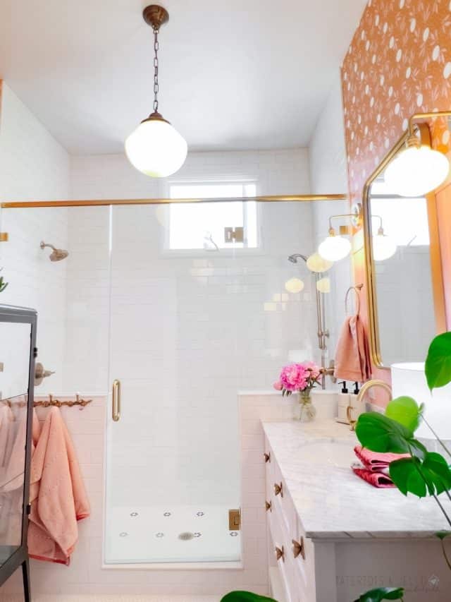 Pink and Gold Kids Bathroom Remodel luxe look on a budget!