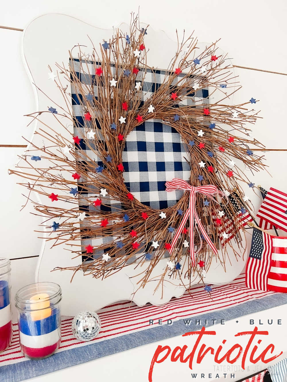 Patriotic Red White and Blue Star Wreath. Celebrate summer with this easy and adorable wreath using wood stars. 