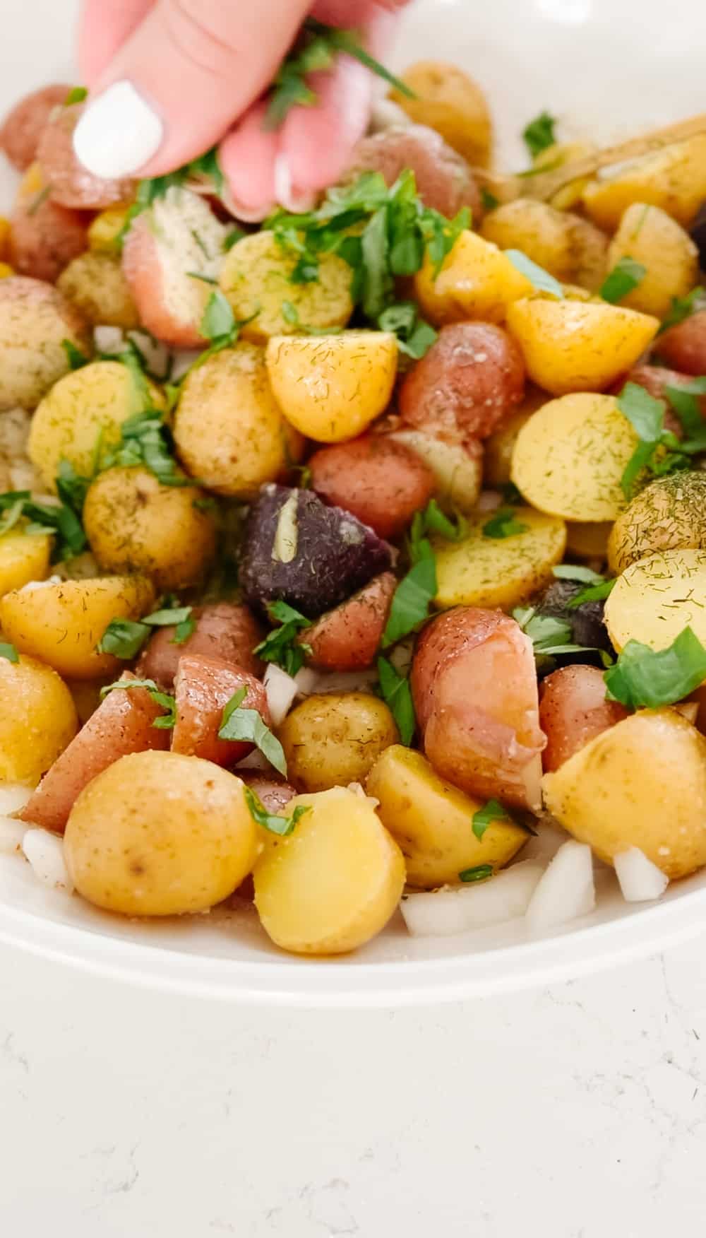 Sweet and Crunchy No Mayo Potato Salad. This lighter version potato salad is perfect for summer dinners and picnics with fresh herbs and a light vinaigrette dressing it hits the spot! 