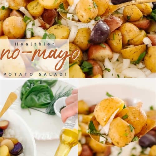 Sweet and Crunchy No Mayo Potato Salad. This lighter version potato salad is perfect for summer dinners and picnics with fresh herbs and a light vinaigrette dressing it hits the spot!