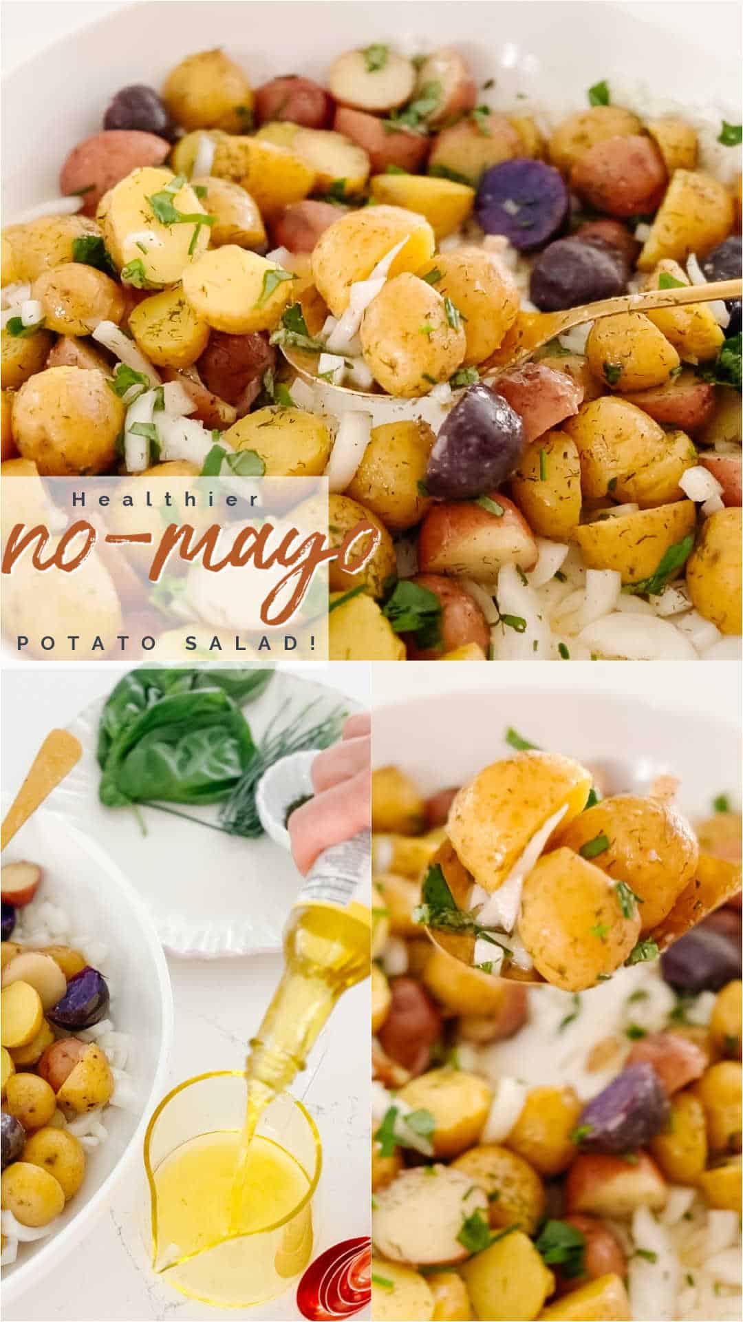 Sweet and Crunchy No Mayo Potato Salad. This lighter version potato salad is perfect for summer dinners and picnics with fresh herbs and a light vinaigrette dressing it hits the spot! 