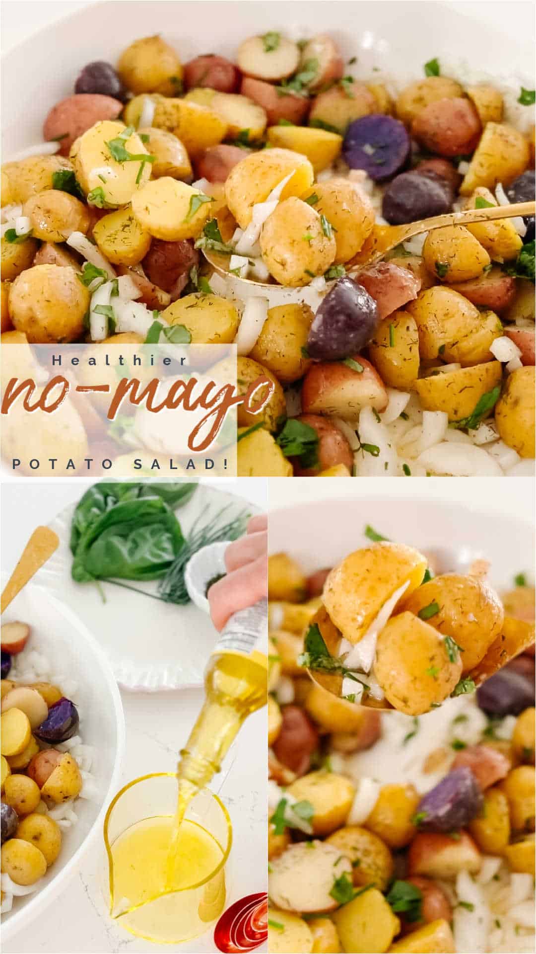 Sweet and Crunchy No Mayo Potato Salad. This lighter version potato salad is perfect for summer dinners and picnics with fresh herbs and a light vinaigrette dressing it hits the spot!