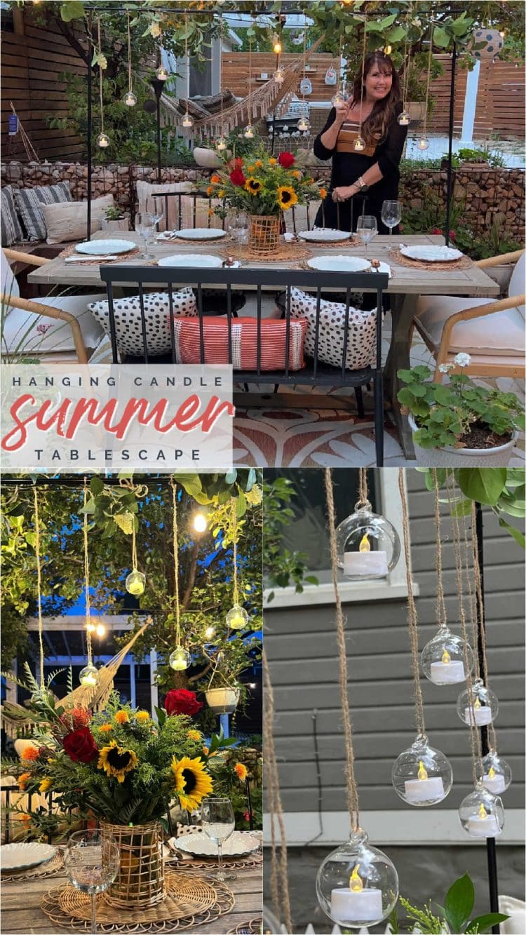 Floating Candle Summer Tablescape. Create the illusion of floating candles above your summer table with this ingenious over the table rod system.