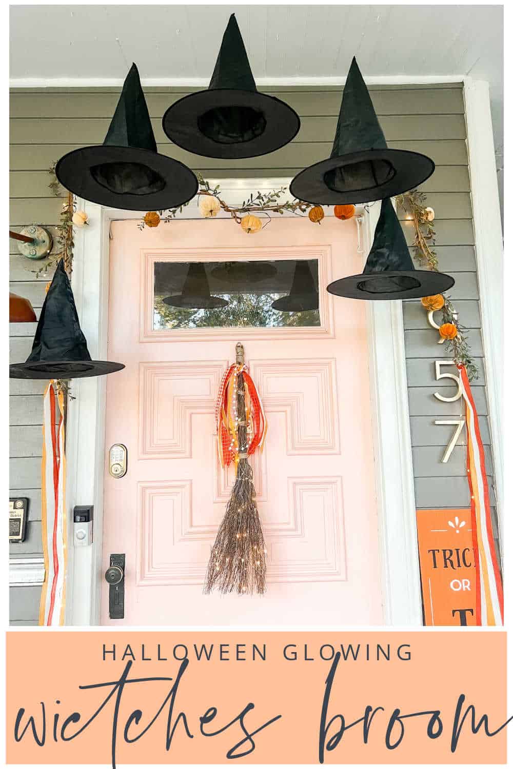 Cast a welcoming spell on visitors this Halloween by creating a delightful witch porch. A glowing witches broom is a whimsical wreath alternative. Battery operated shimmering lights will light the way for guests. This is a hack on the Pottery Barn version for a fraction of the price!