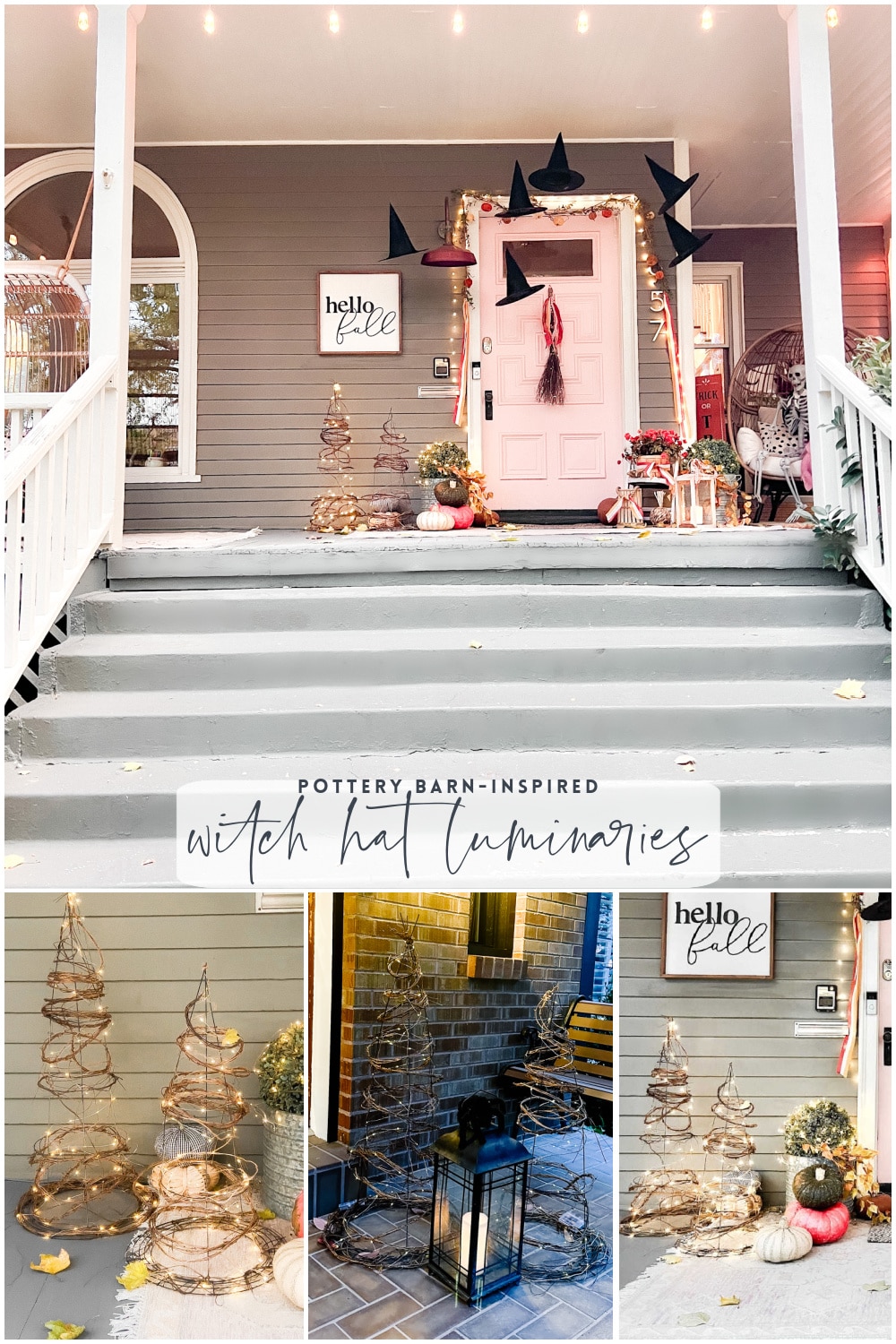 DIY Pottery Barn-Inspired Witches Hat Luminaries. Create these sculptural natural illuminated witches hats for your front porch, stair landing or beside a garden gate!