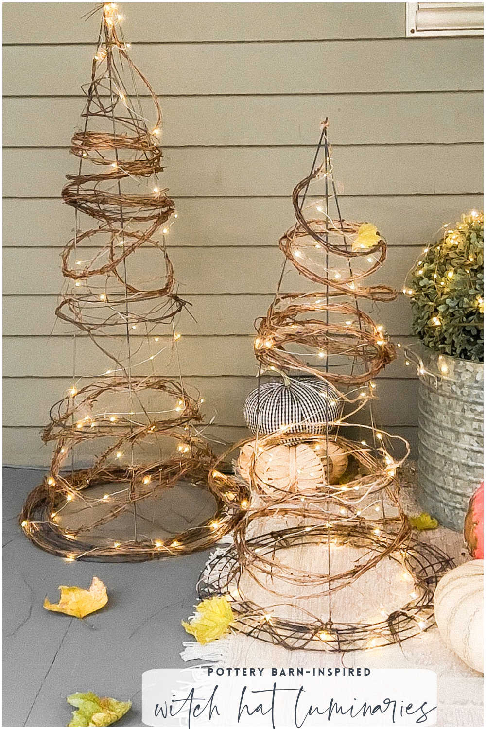 DIY Pottery Barn-Inspired Witches Hat Luminaries. Create these sculptural natural illuminated witches hats for your front porch, stair landing or beside a garden gate!