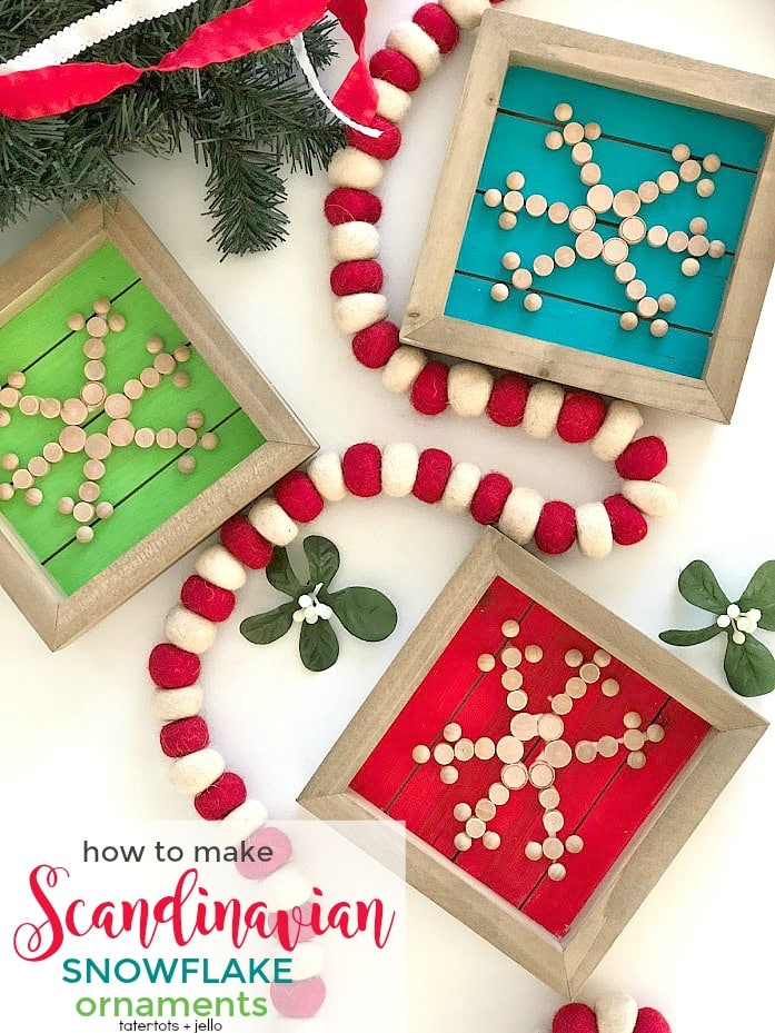 Capture the beauty of winter with these Scandinavian snowflake ornaments. Crafted from plain wood frames and small wood slices, these ornaments radiate a cozy, Nordic charm. Paint the background to match your color scheme and watch them transform your tree into a winter wonderland.