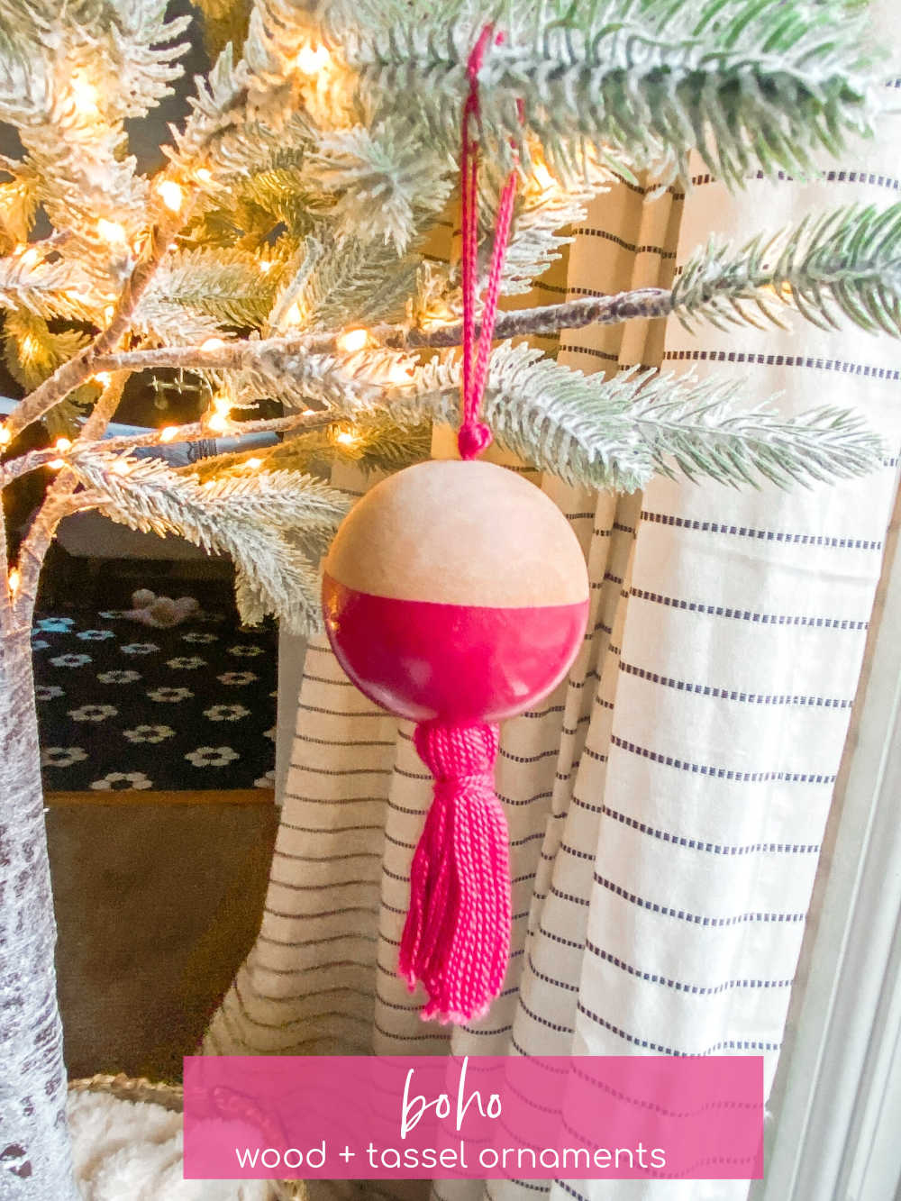 Embrace the rustic chic trend with these Crate and Barrel-inspired wood ball and tassel ornaments. Their simple yet stylish design makes them a versatile addition to any Christmas tree, blending seamlessly with various decor themes.