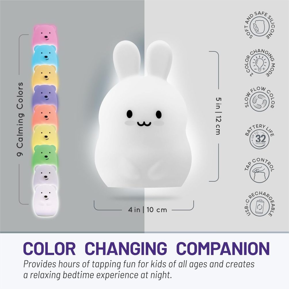 Add a touch of magic to bedtime with the Bunny Night Light. Made of silicone, this night light offers 9 colors of LED lights and touch control, allowing your child to create a soothing and personalized bedtime environment. A delightful addition to any bedroom.