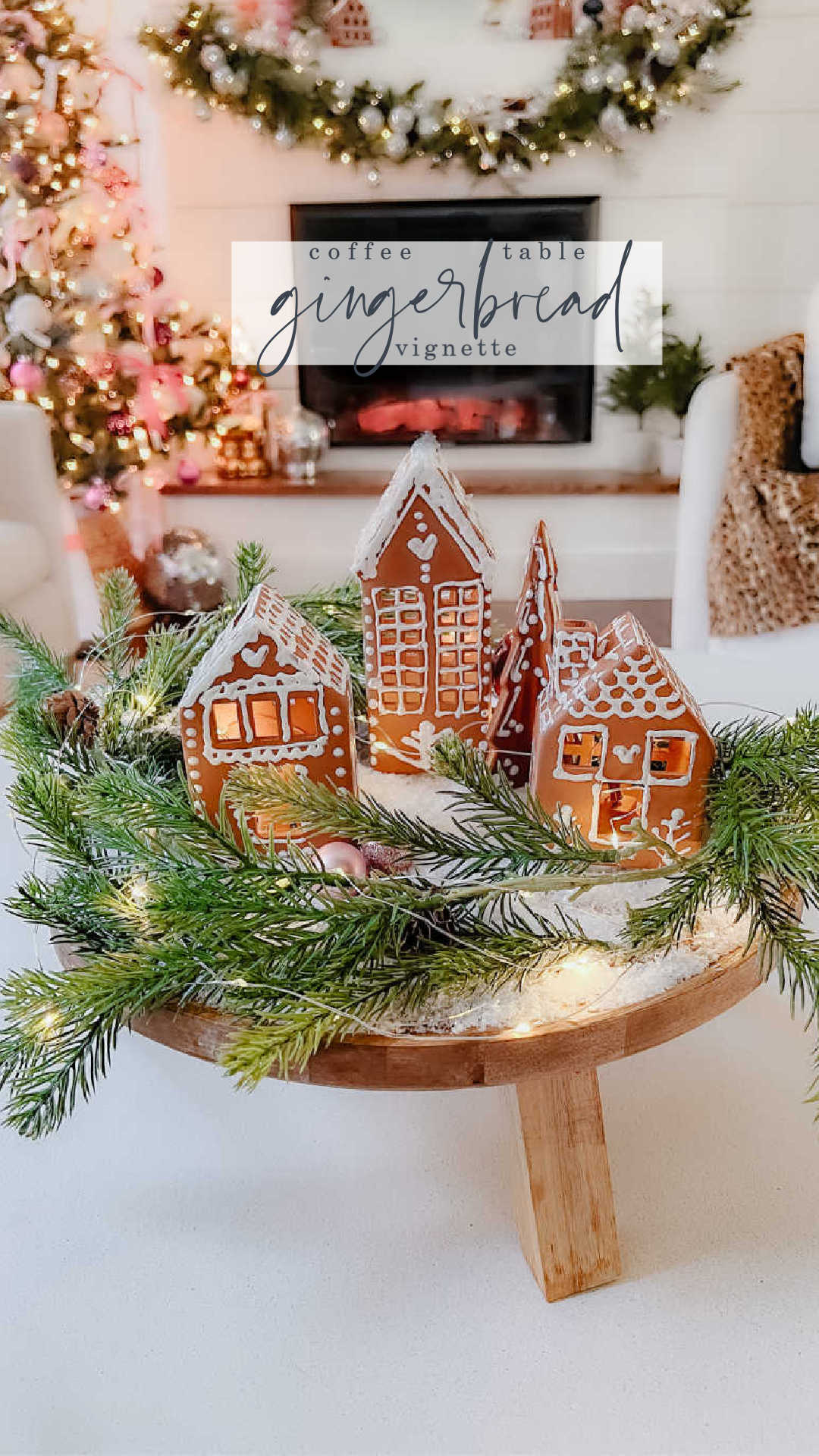 Christmas Painted Gingerbread House Vignette. Explore the magic of Christmas with a  Christmas Painted Gingerbread House Vignette, where plain white farmhouse houses are transformed into charming gingerbread creating a cozy feeling for the holiday season.