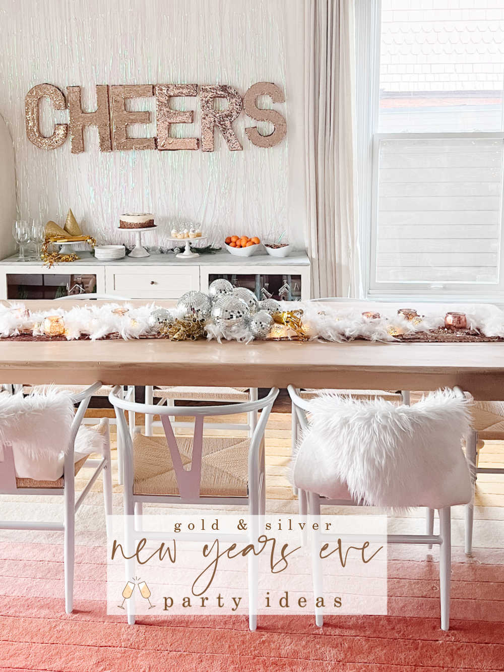 Sparkly Silver and Gold New Years Eve Party Ideas. DIY a glittering New Year's Eve with a sequin 'CHEERS' sign, a silver and gold table runner, and a festive buffet.