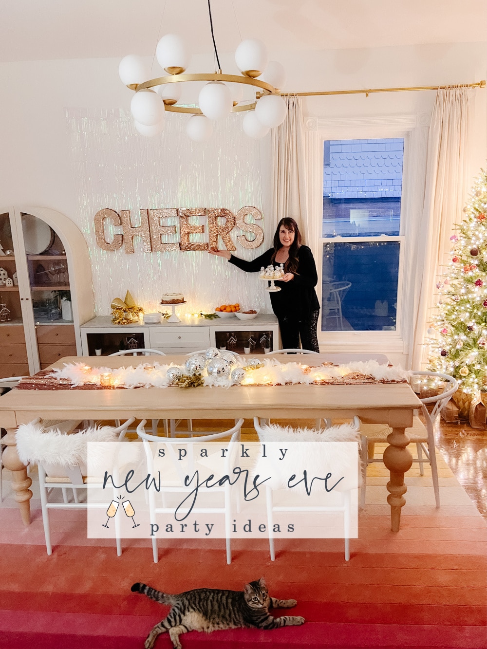 Sparkly Silver and Gold New Years Eve Party Ideas. DIY a glittering New Year's Eve with a sequin 'CHEERS' sign, a silver and gold table runner, and a festive buffet.