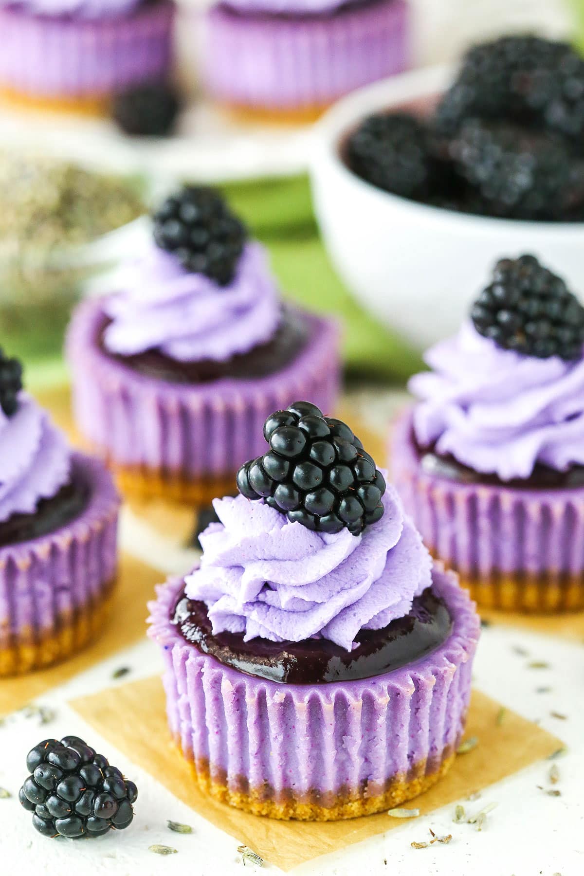Mini Blackberry Lavender Cheesecakes are made with lavender cheesecake, blackberry topping, whipped cream and a fresh blackberry on top!