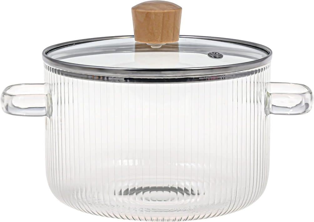 I have this clear pot and it is perfect for making fragrant simmer pot. Ribbed glass pot with a glass lid and heat-resistant wooden handle is perfect for simmering, stove cooking, and boiling. It's a multipurpose pot that suits a variety of cooking needs.