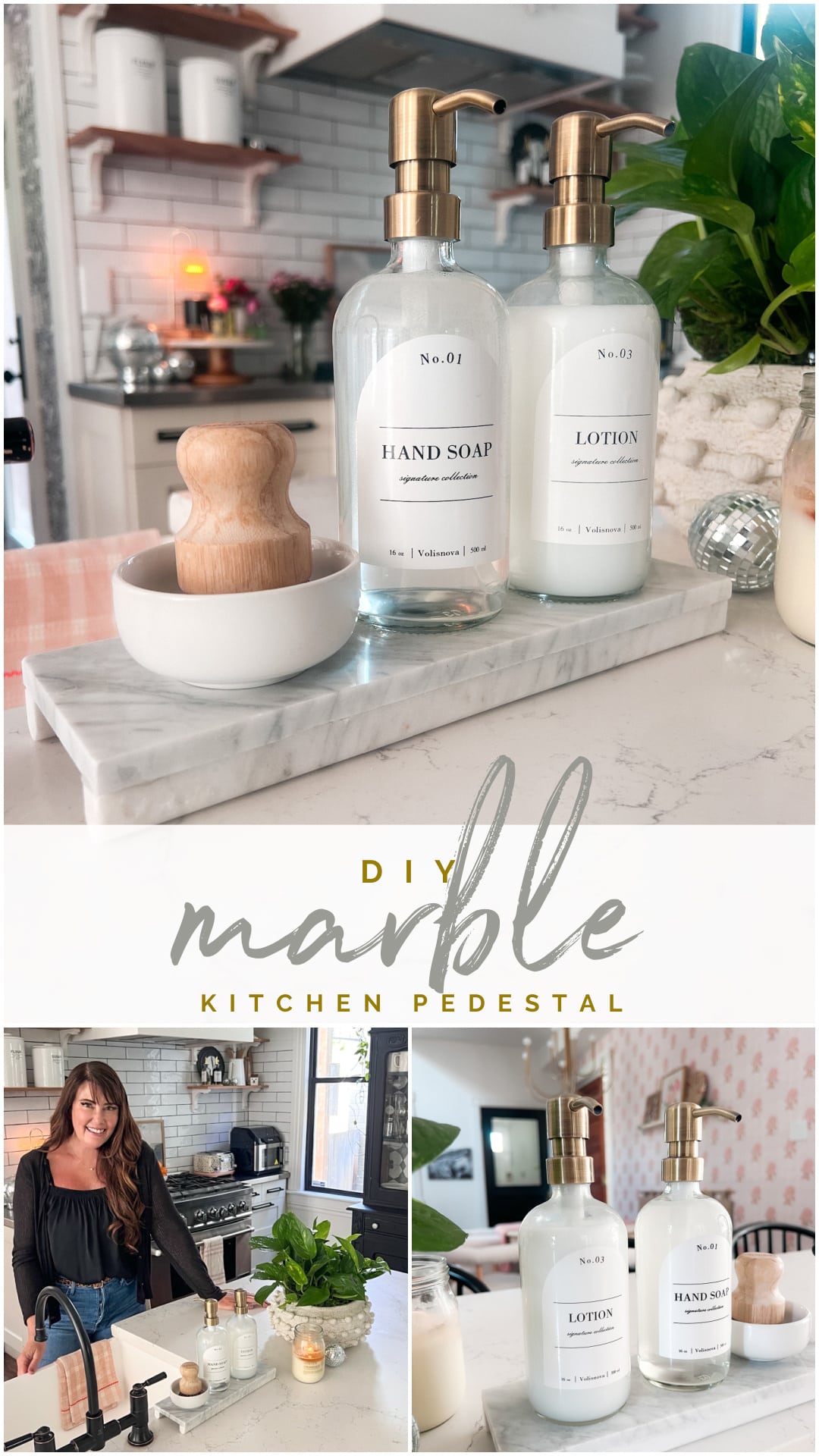Make a DIY Marble Kitchen Pedestal. Elevate your kitchen with a DIY marble pedestal, adding a touch of luxury while keeping your countertop essentials neatly organized.