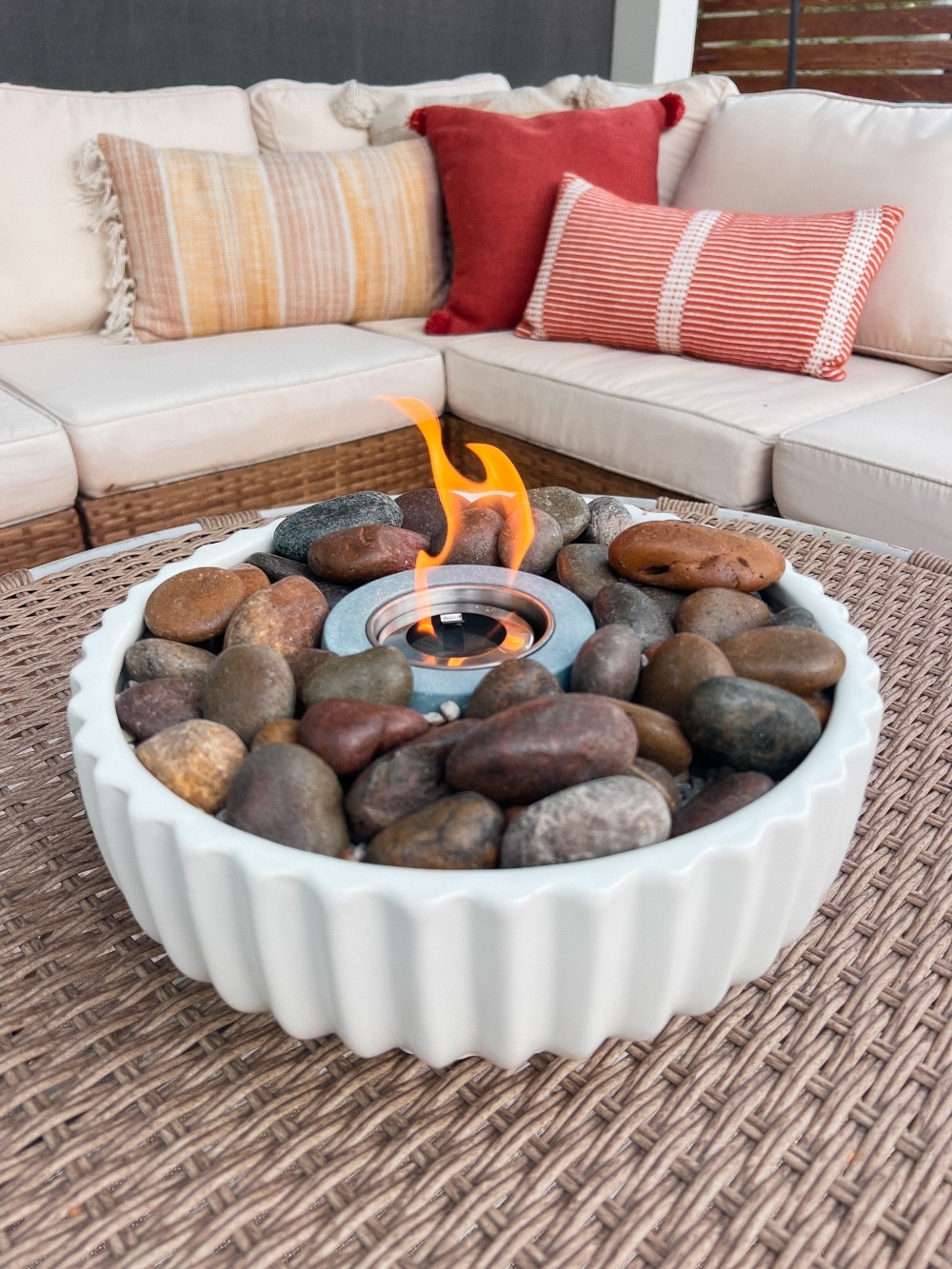 How to Make a Tabletop Fire Bowl. Make a tabletop fire bowl with a ceramic planter, rocks, and a concrete center, fueled by rubbing alcohol or tiki torch fuel, for indoor or outdoor ambiance.