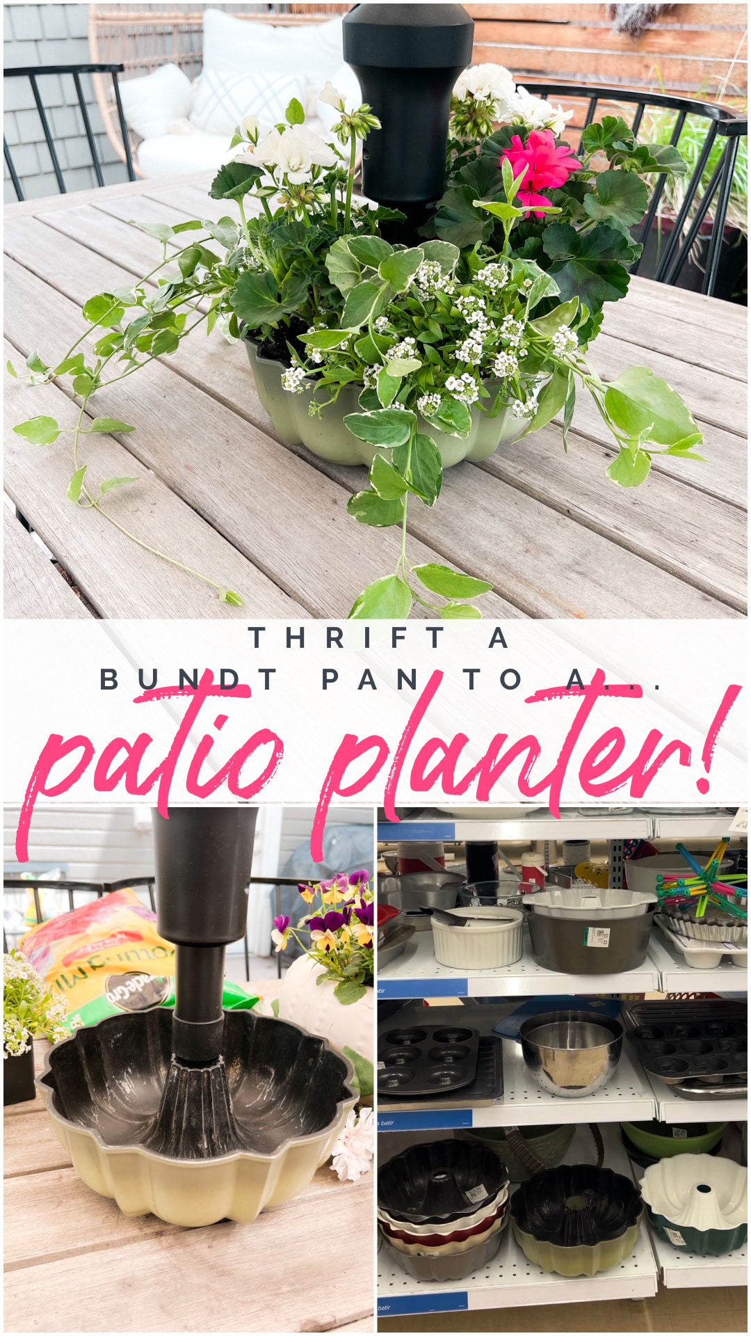 Thrifted Bundt Pan to Patio Planter. Upcycle a thrifted bundt pan into a pretty planter for your patio.
