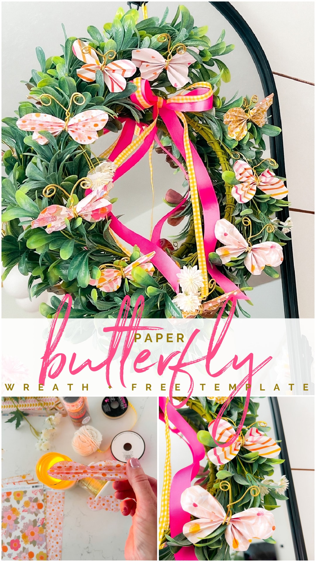 Paper Butterfly Wreath and Free Butterfly Template. Create a vibrant summer wreath adorned with paper butterflies, adding a touch of whimsy and handmade charm to your home decor.