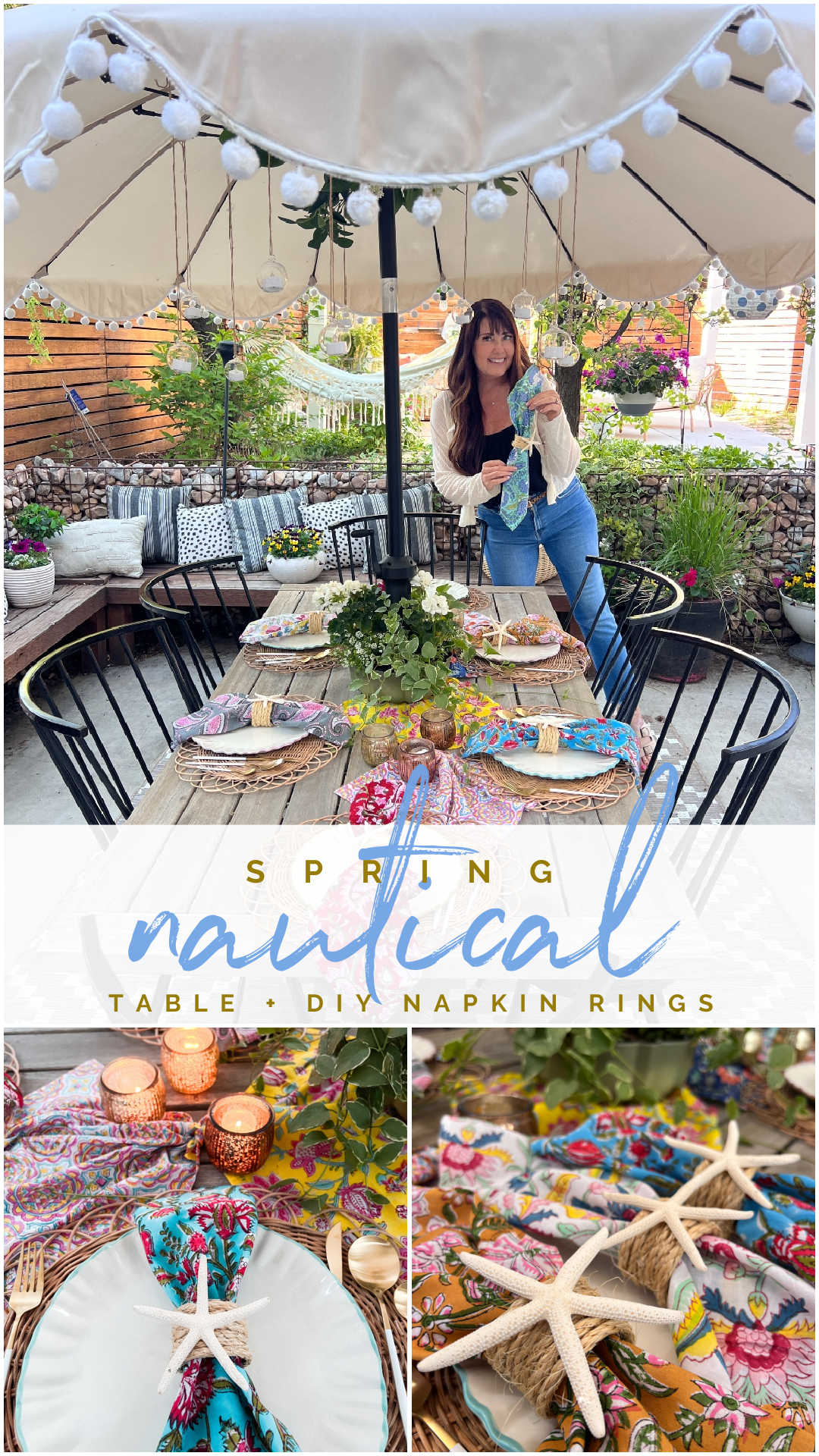 Colorful Nautical Spring Table. Create a vibrant coastal oasis with a Colorful Spring Nautical Table, featuring DIY napkin rings, woven placemats, candlelit ambiance, and lush green garland accents, perfect for unforgettable gatherings.