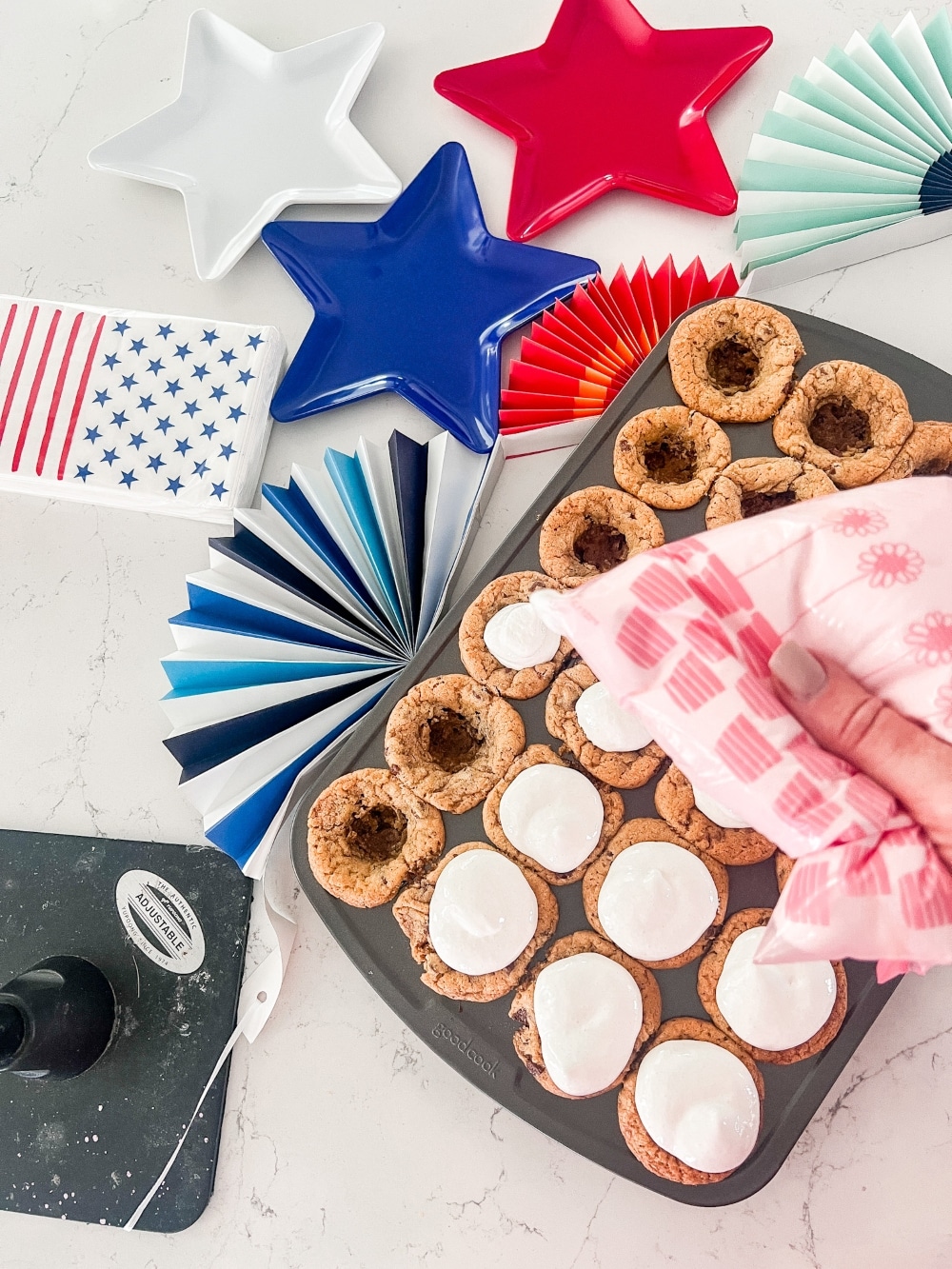 Fourth of July S'mores Cookie Cups.  A festive treat that tastes just like a classic toasted s'mores, with a delicious combination of crunchy, melty, and gooey textures.