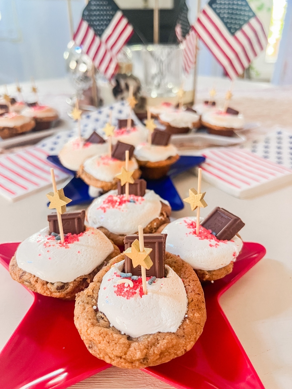 Fourth of July S'mores Cookie Cups.  A festive treat that tastes just like a classic toasted s'mores, with a delicious combination of crunchy, melty, and gooey textures.