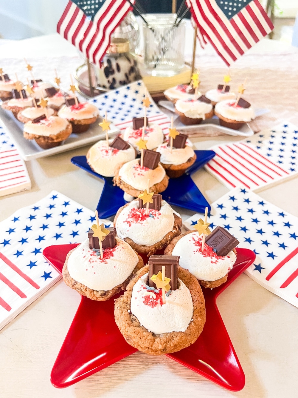 Fourth of July S'mores Cookie Cups.  A festive treat that tastes just like a classic toasted s'mores, with a delicious combination of crunchy, melty, and gooey textures.