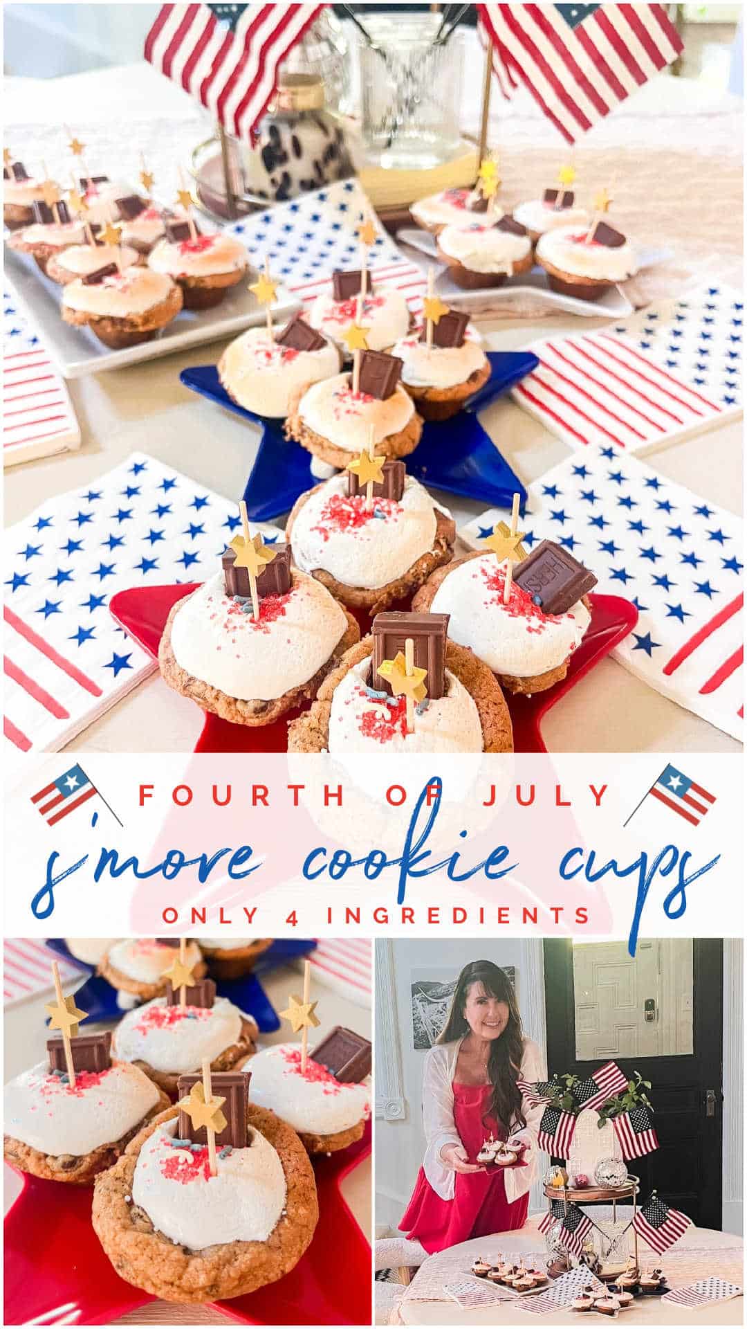 Fourth of July S'mores Cookie Cups. A festive treat that tastes just like a classic toasted s'more, with a delicious combination of crunchy, melty, and gooey textures.