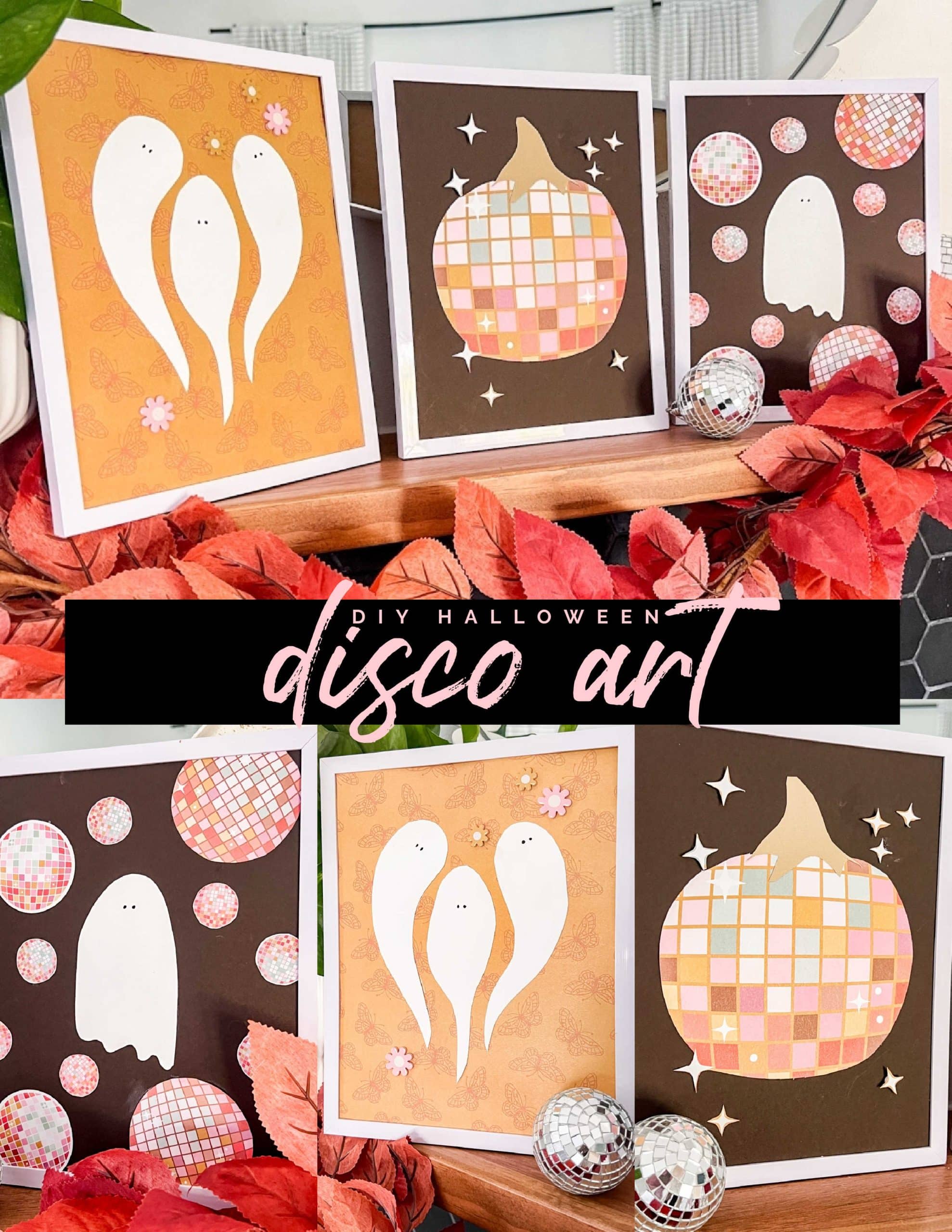 DIY Disco Halloween Art Using Scrapbook Paper. Create festive DIY disco-themed Halloween art using the scrapbook paper with these easy-to-follow steps for three spooky cute framed pieces.