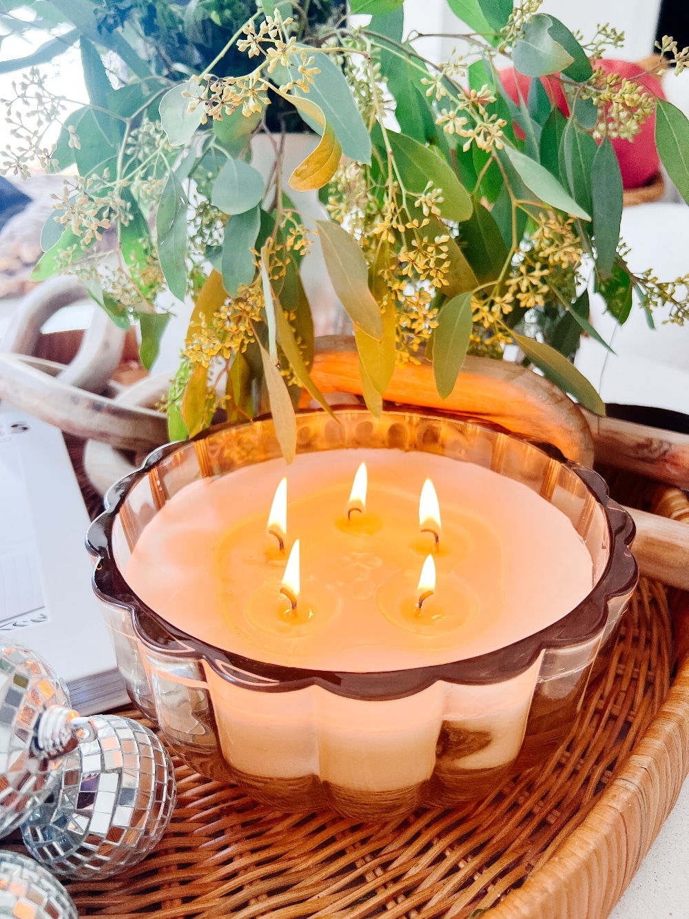 The glass fluted 5-wick candle adds a soft, flickering glow that embodies the cozy ambiance of fall, making your centerpiece a warm and inviting focal point.