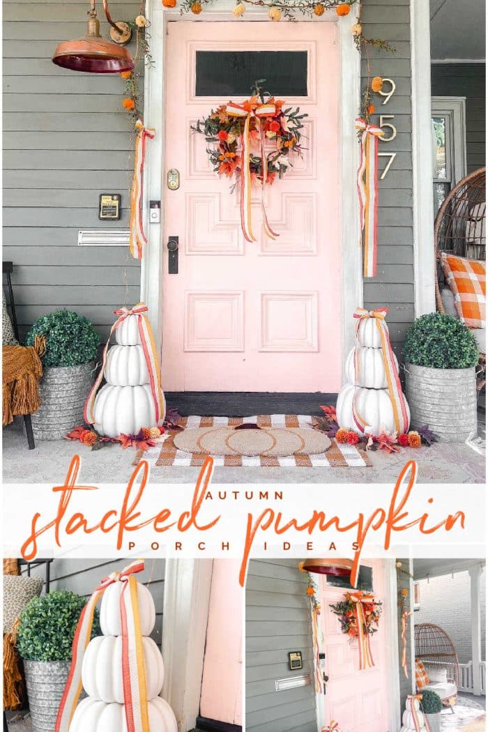 Candy Corn-Colored Fall Porch with Stacked Pumpkins