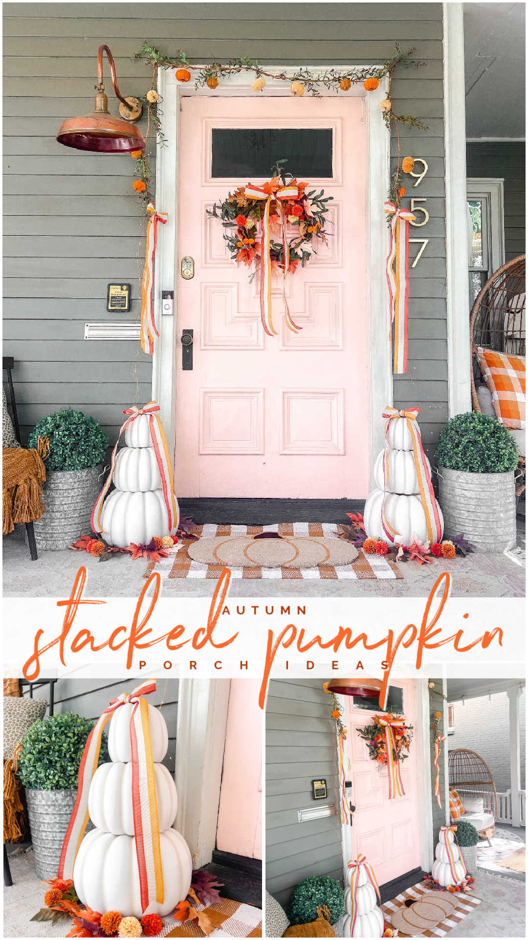 Candy Corn-Colored Fall Porch with Stacked Pumpkins. Create a warm, inviting fall porch with the coolest stacked pumpkins, a vibrant DIY wreath, and layered plaid rugs for a festive, seasonal touch.