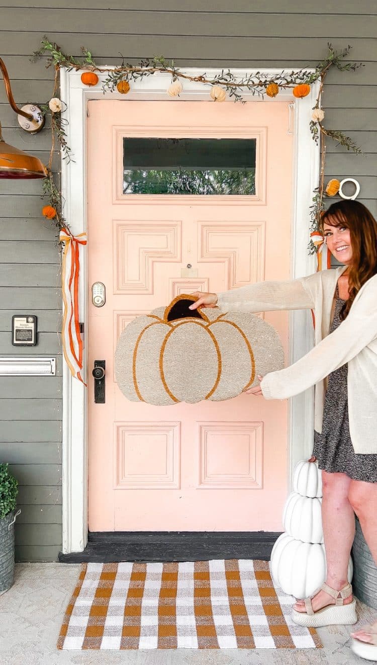 Candy Corn-Colored Fall Porch with Stacked Pumpkins