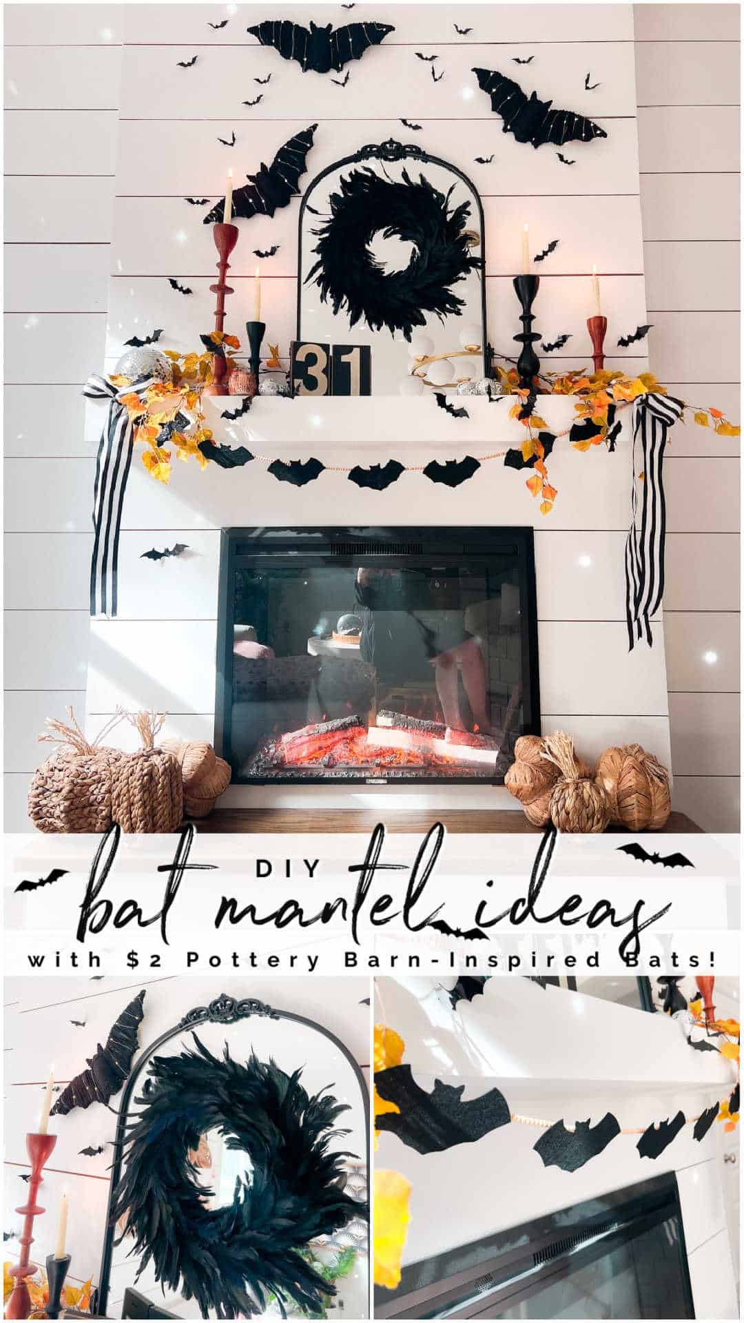 DIY Halloween Bat Mantel Ideas. DIY ideas for creating a stylish bat-themed Halloween mantel using budget-friendly decorations like Pottery Barn-inspired bats, bat garlands, disco balls, and natural fall elements.