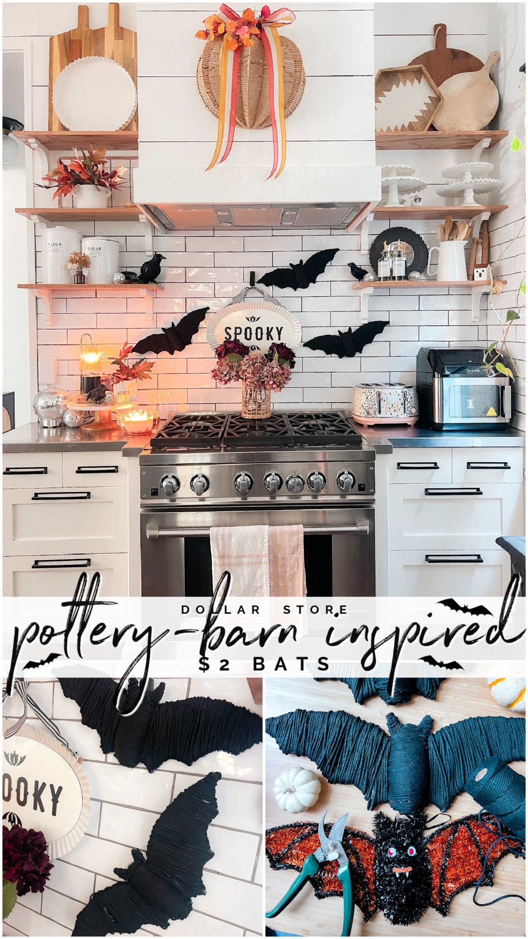 How to Make $2 Pottery Barn-Inspired Bats. Create budget-friendly Pottery Barn-inspired Halloween bats for just two dollars using Dollar Tree glitter bats, twine, and hot glue in this easy DIY tutorial.