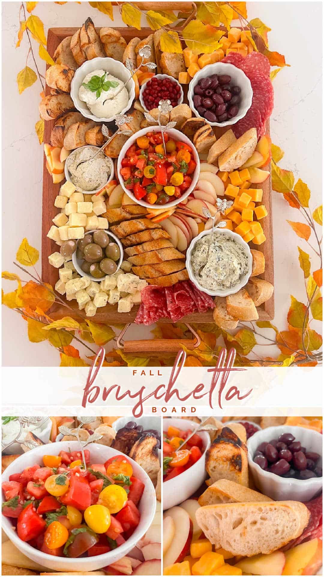 Fall Bruschetta Charcuterie Board. How to create a Fall Bruschetta Party Board featuring grilled baguette slices, a fresh bruschetta topping, and a variety of toppings for a fun and flavorful autumn gathering. 