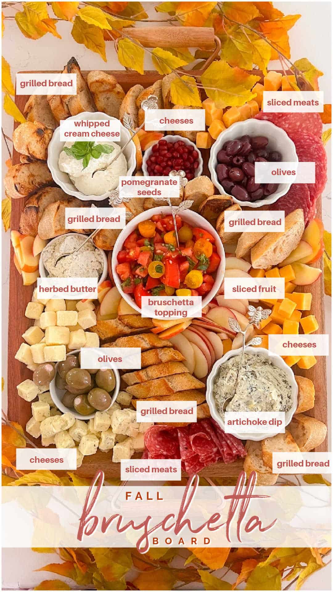 Fall Bruschetta Charcuterie Board. How to create a Fall Bruschetta Party Board featuring grilled baguette slices, a fresh bruschetta topping, and a variety of toppings for a fun and flavorful autumn gathering. 