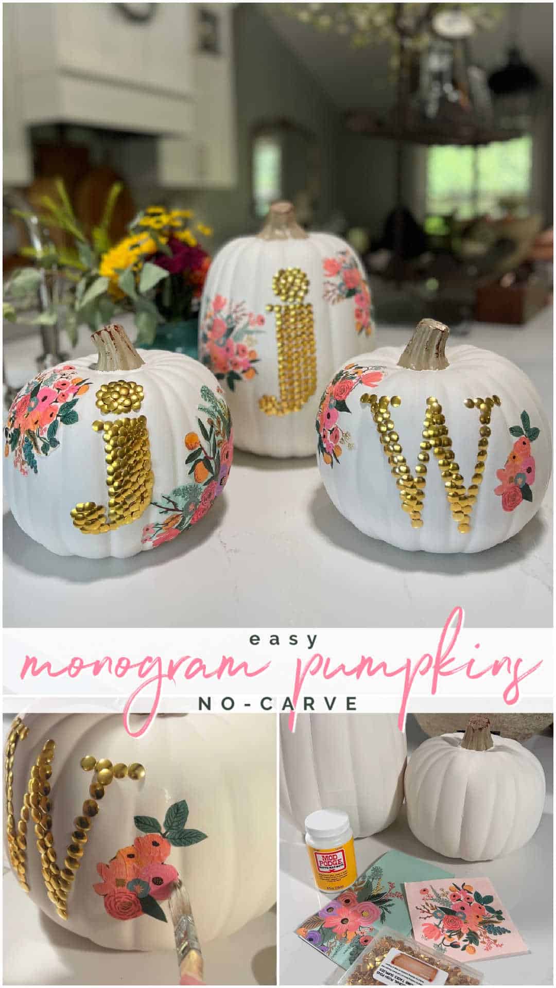 DIY No-Carve Monogram Pumpkin. Create a stylish, no-carve monogram pumpkin for fall using gold thumbtacks and decoupaged florals cut from napkins—perfect for adding a personal touch to your seasonal decor!