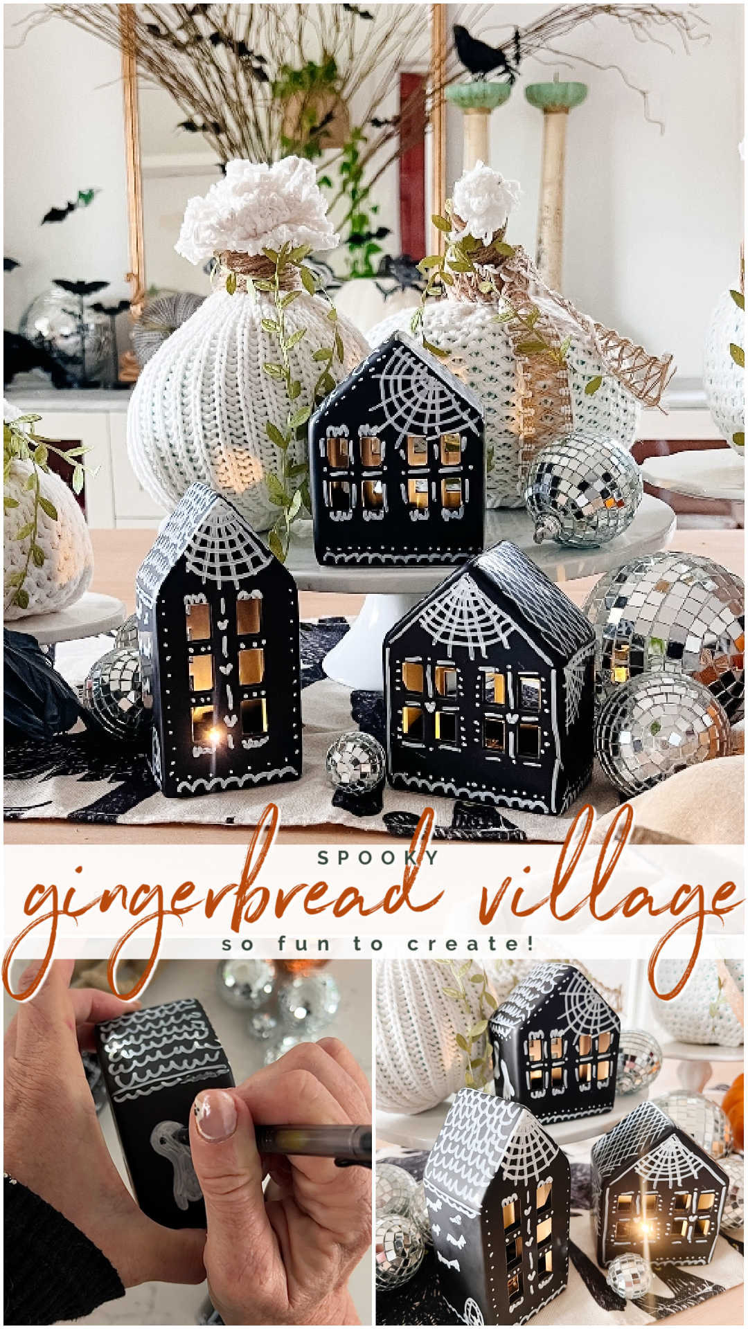 DIY Halloween Gingerbread Village. Make a DIY Spooky Gingerbread Village by painting small houses black and adding spooky touches like webs and ghosts for a fun Halloween twist! 