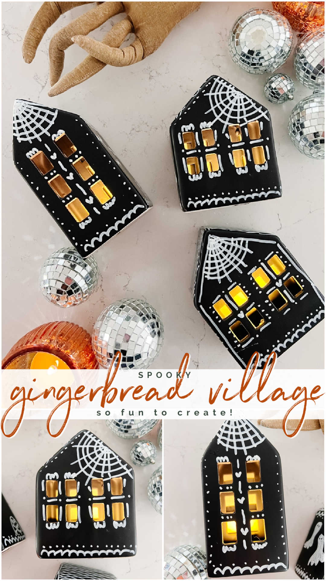 DIY Halloween Gingerbread Village. Make a DIY Spooky Gingerbread Village by painting small houses black and adding spooky touches like webs and ghosts for a fun Halloween twist! 