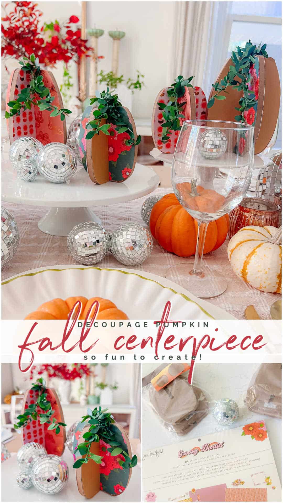 Fall Centerpiece with Decoupage Pumpkins. This pumpkin fall centerpiece is a fun and easy craft idea you can make with your kids to add a personal and festive touch to your fall decor.