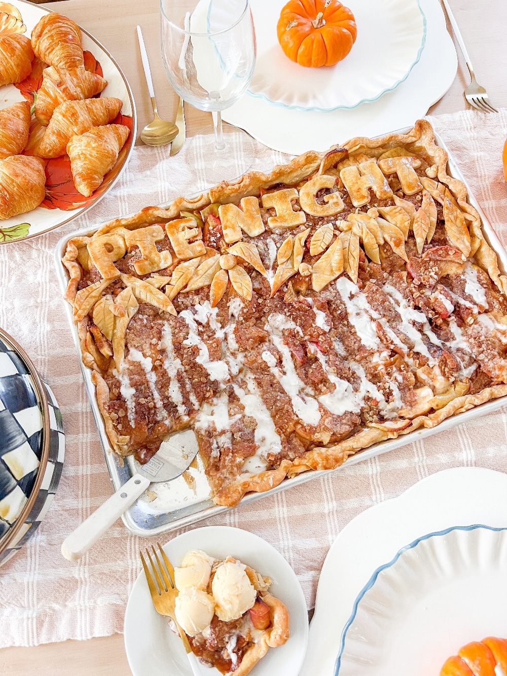 Slab Apple Pie with Streusel Topping. A crowd-pleasing dessert featuring a buttery crust, tender spiced apples and a crunchy oat streusel perfect for Thanksgiving or fall gatherings.