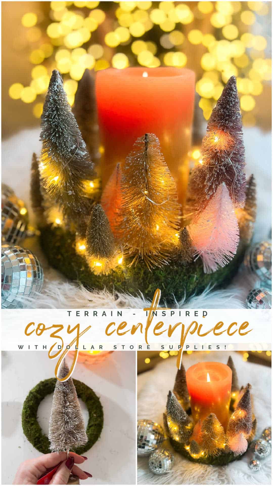 Cozy Dollar Store Christmas Centerpiece. Create a Terrain-inspired holiday centerpiece on a budget with dollar store finds! This DIY project combines bottle brush trees and a moss-covered wreath form, giving a high-end look without breaking the bank. Battery operated lights glow along with a candle in the center for a cozy addition to the holiday season.